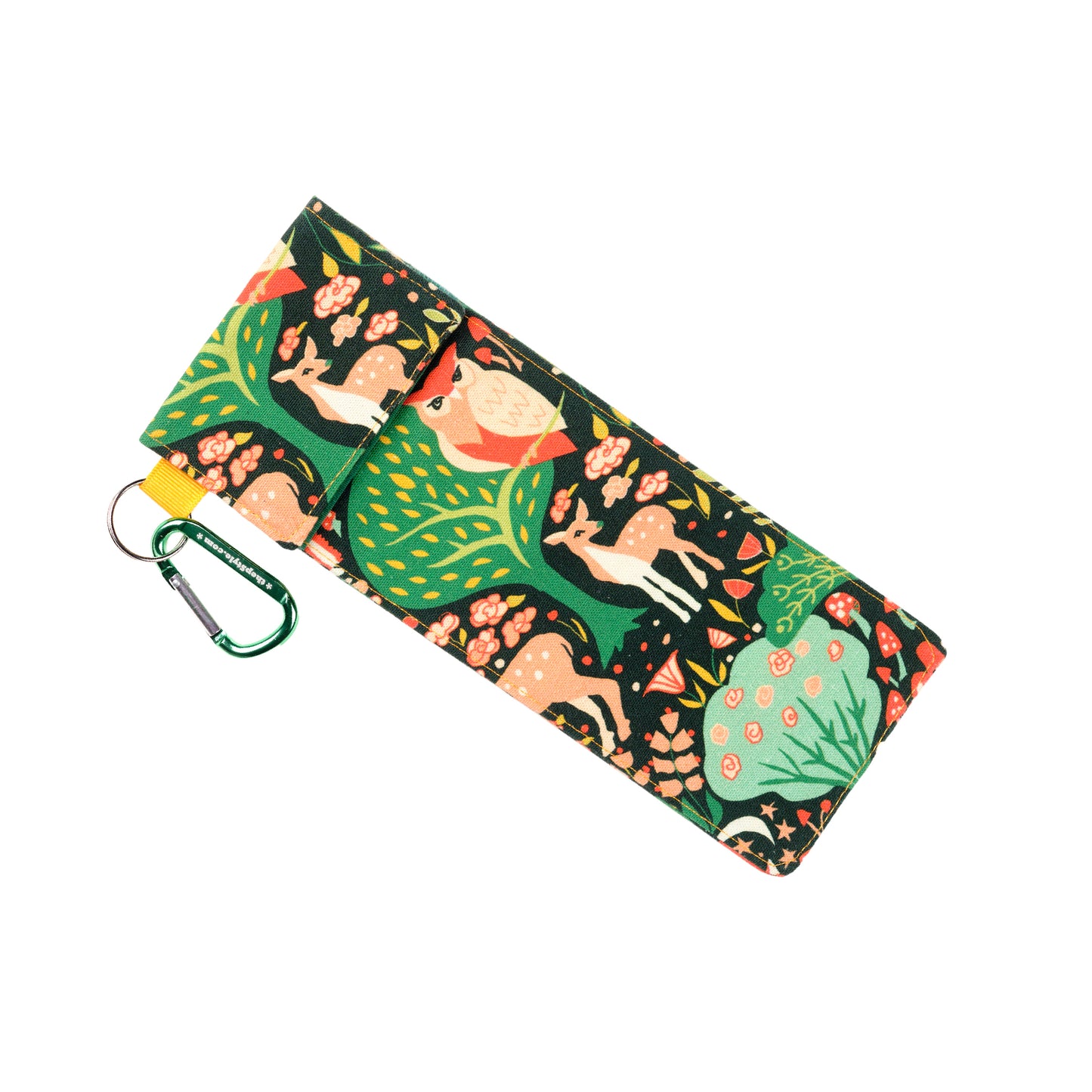 Forest Friends has a dark green - almost black - background. The fabric has several different animals on it, and your case may have one or more of the following depending on where the case was cut from in the fabric: deer, fox, owl, squirrel, bunny rabbit, and bird. There are tree and bush designs in mustard yellow, white, and kelly green. The bunny is light green, the squirrel is dark green, the owl and fox are red and peach, and the deer is peachy. 

The ribbon is yellow and the carabiner is green. 