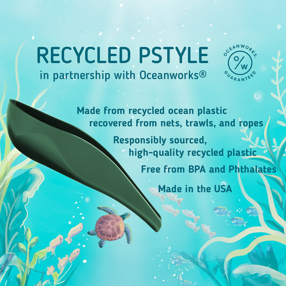 The Recycled pStyle is made in partnership with Oceanworks from recycled ocean plastic recovered from nets, trawls, and ropes. Responsibly sourced high-quality recycled plastic. Free from BPA and phthalates. Made in the USA. 