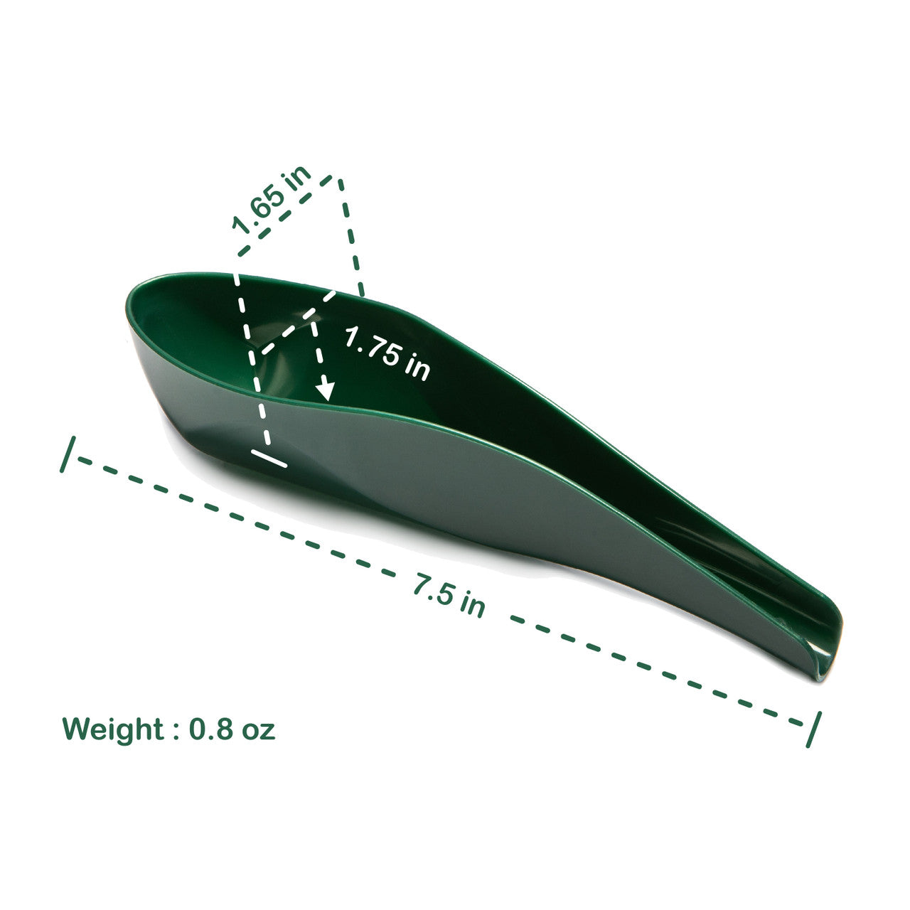 Dimensions shown on a 3/4 view of a recycled ocean plastic pStyle. 1.65 inches wide, 1.75 inches deep, 7.5 inches long. Weight is 0.8 oz. 