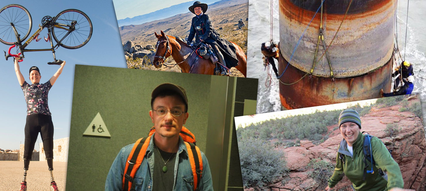 A collage of people biking, horseback riding, working, hiking, and standing outside a bathroom door.
