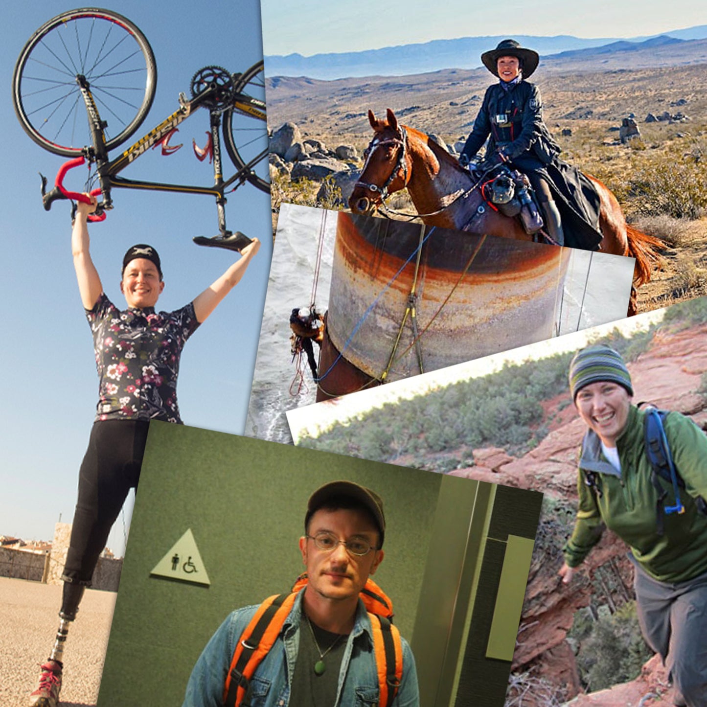 A collage of people biking, horseback riding, working, and standing outside a bathroom door. 