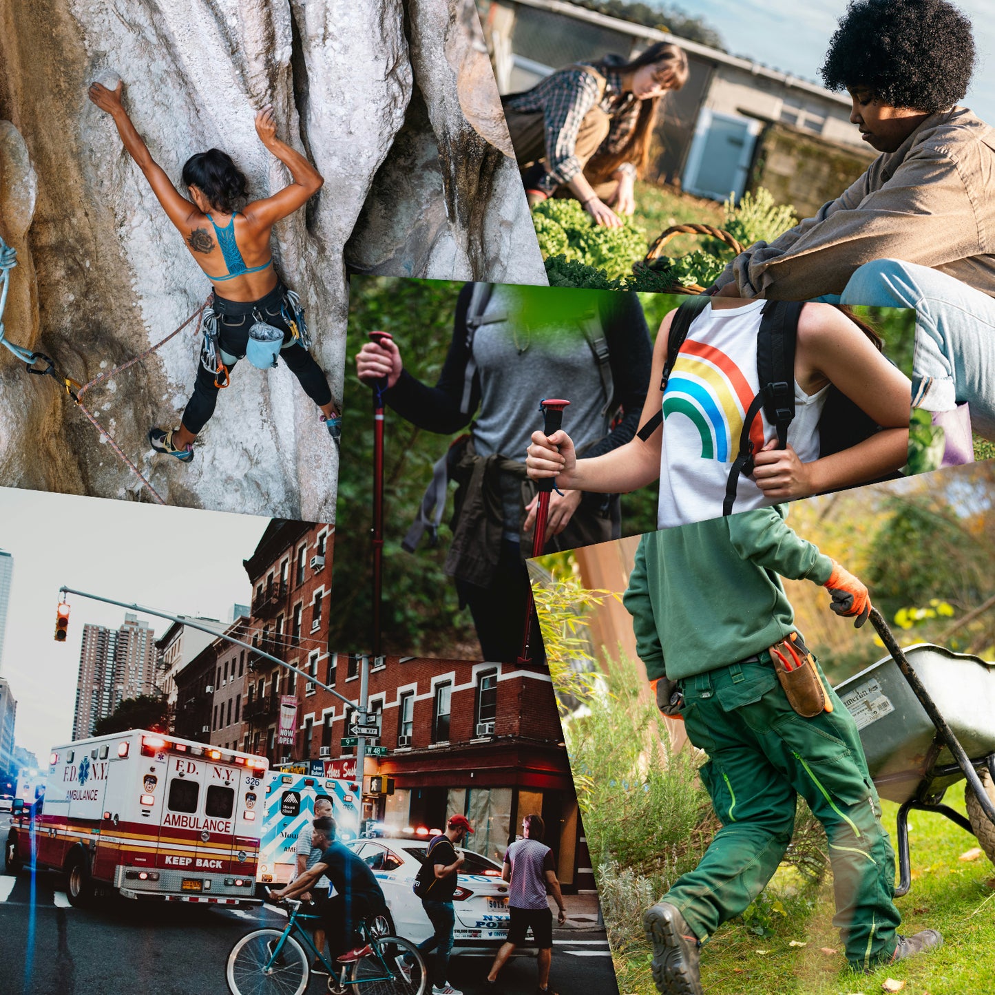 A collage of people rock climbing, gardening, hiking, and biking in the big city. 