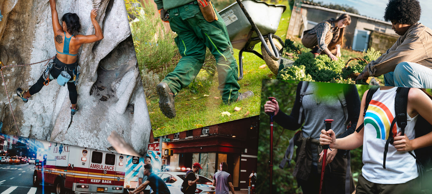 A collage of people rock climbing, gardening, hiking and walking in the big city. 