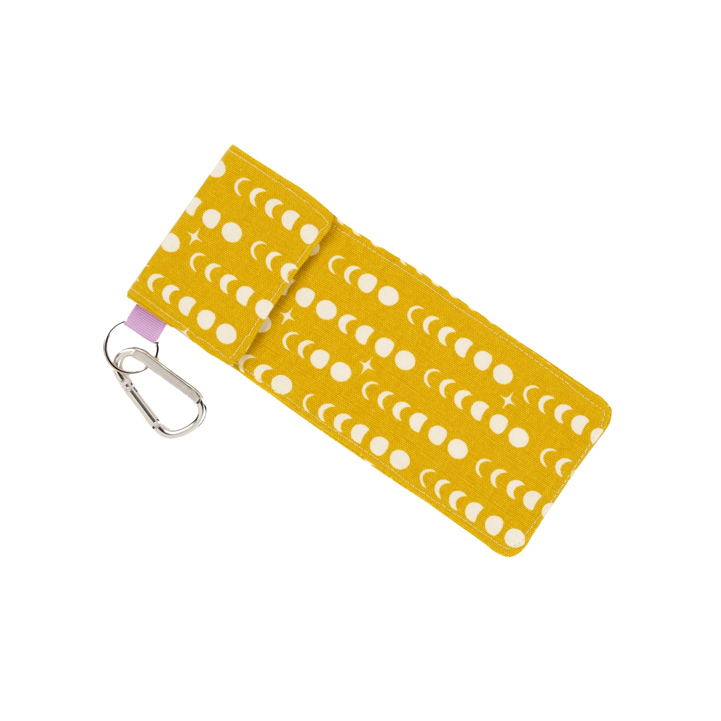 This Vintage pCase has a mustard yellow background with a linear graphic of phases of the moon in white printed on it. 

The ribbon is lilac and the carabiner is silver. 