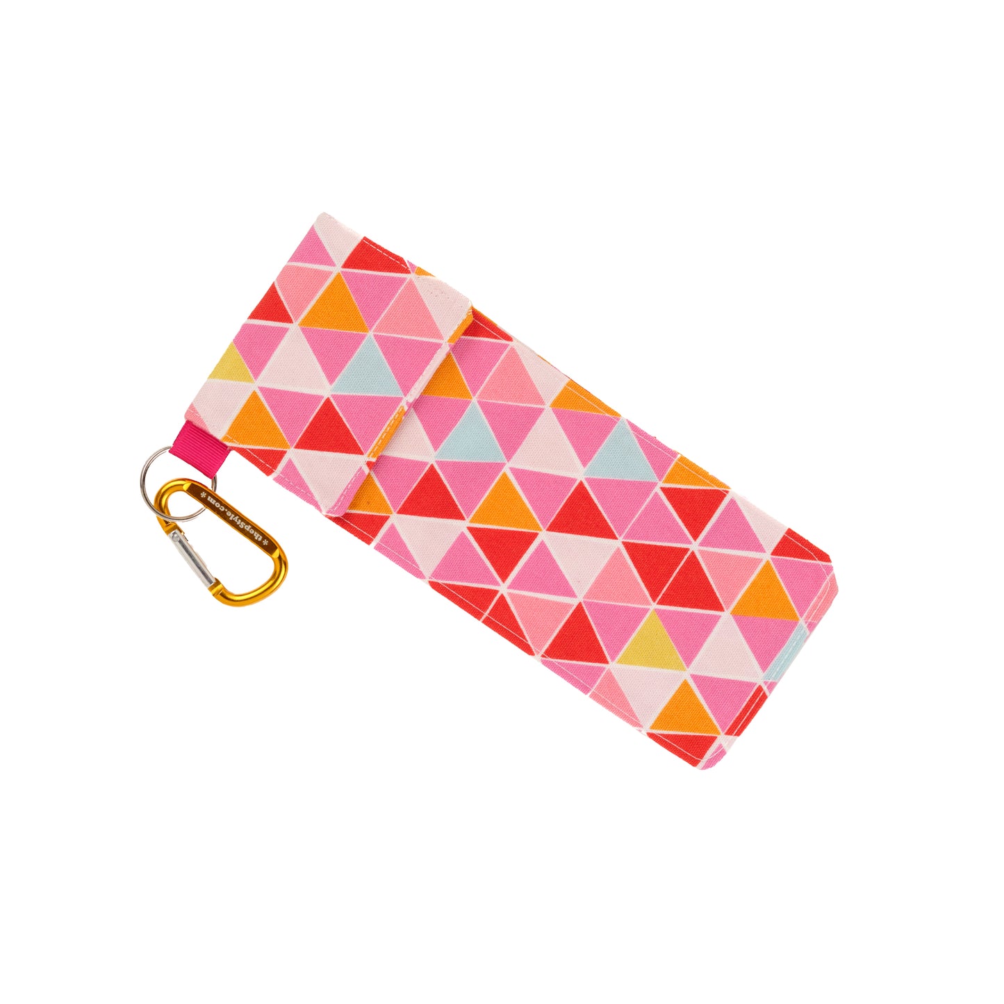 This vintage pCase features a triangular design that repeats with alternating triangles over the fabric. Triangle colors are hot pink, light pink, white, light blue, yellow, and orange - with the majority being light pink. 

The ribbon is hot pink and the carabiner is yellow. 