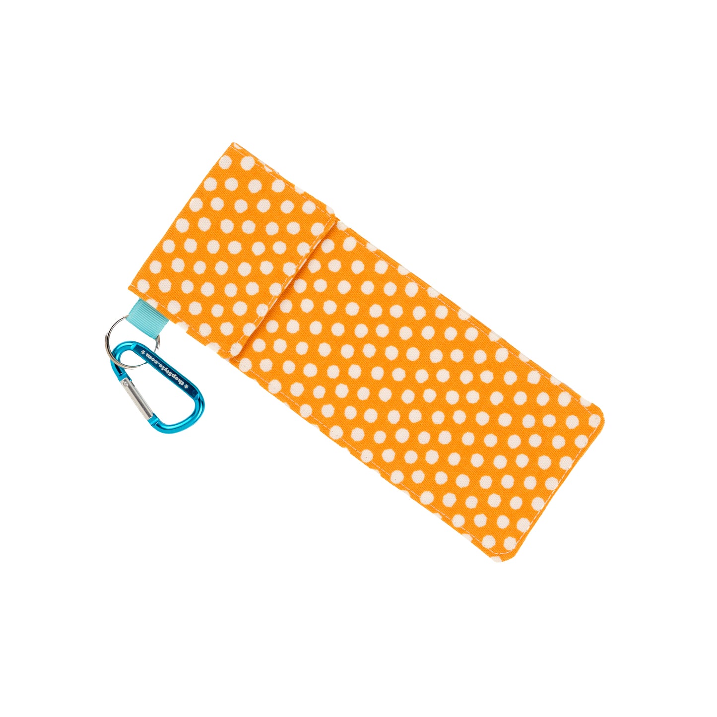 This vintage pCase has a tangerine orange background printed with a repeating pattern of white dots.

The ribbon is robins egg blue and the carabiner is a bright turquoise blue.
