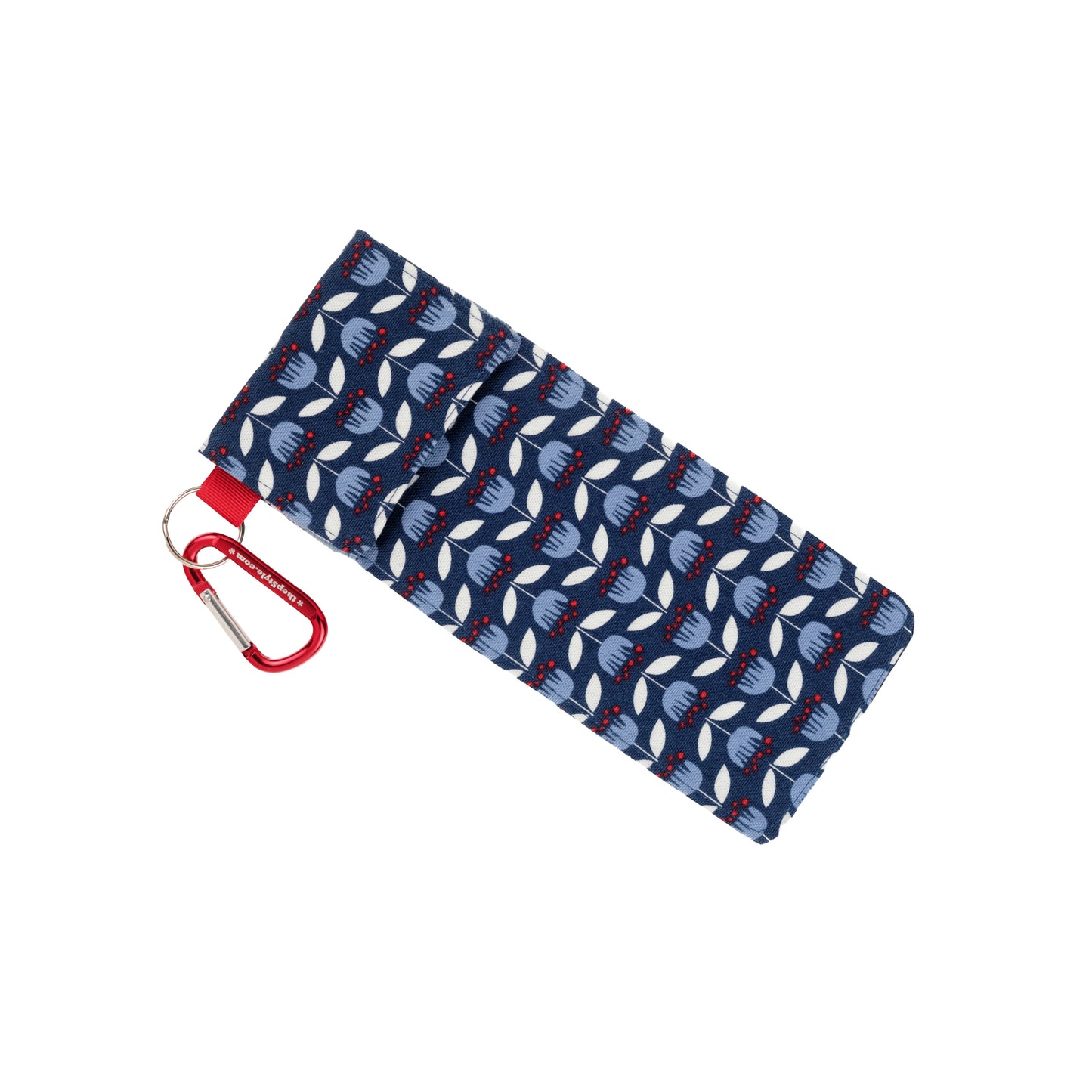 This vintage pCase has a dark blue background with a repeating pattern of light blue and white tulips with red stamens. 

The ribbon is red and the carabiner is red. 
