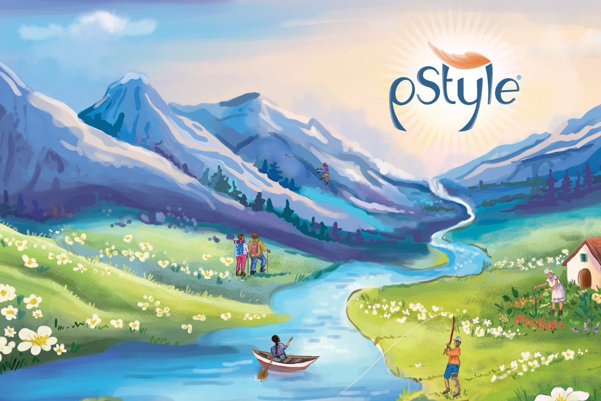 A painting of the mountains in which people are hiking, boating, fishing, and gardening. 