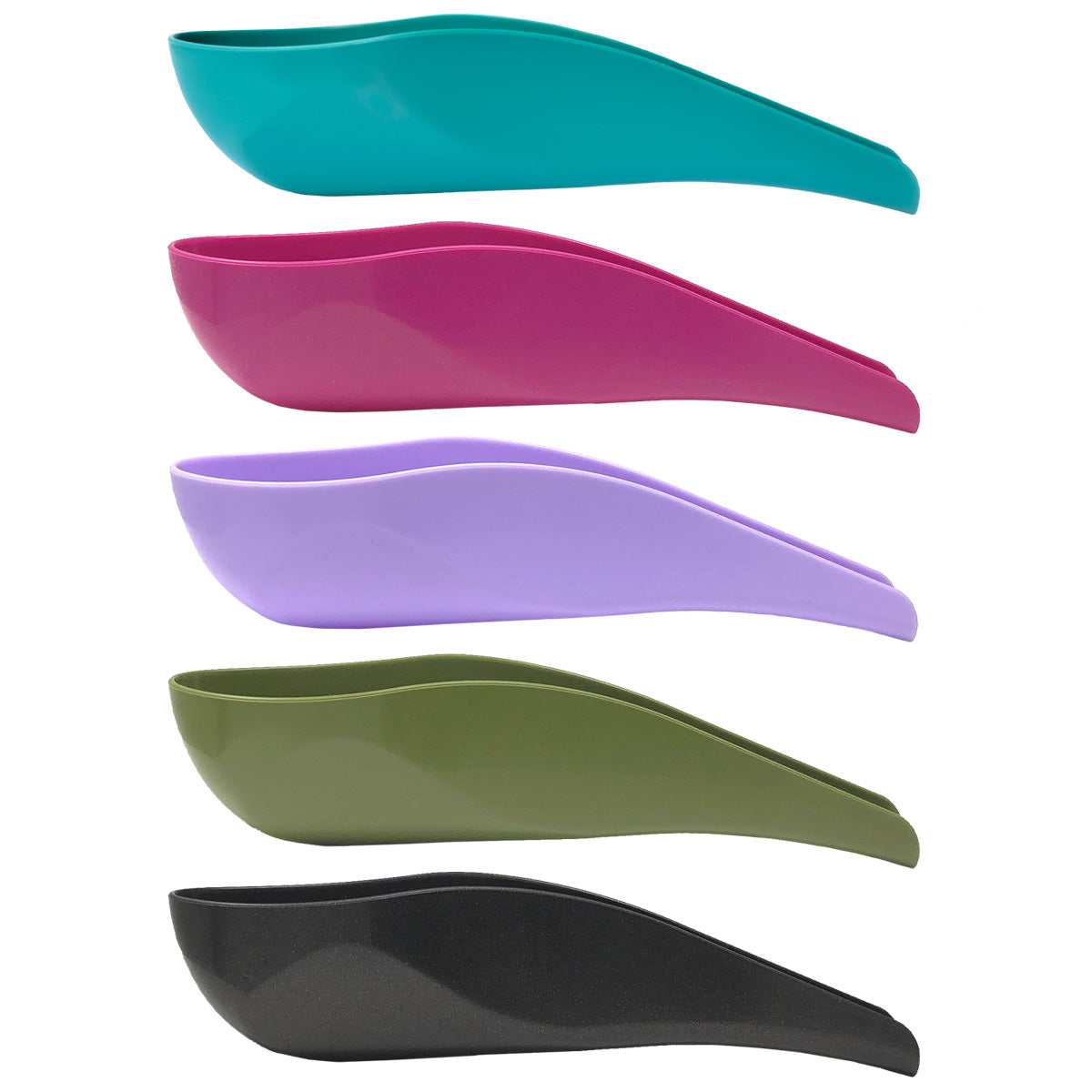 These are the five colorful pStyle options, stacked vertically: turquoise, fuchsia, lilac, olive, and black. 