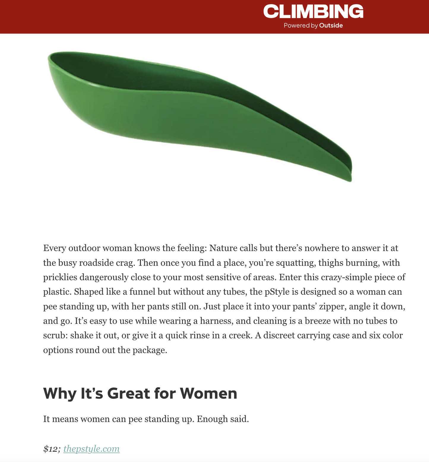 Screenshot of an article about the pStyle from Climbing Magazine