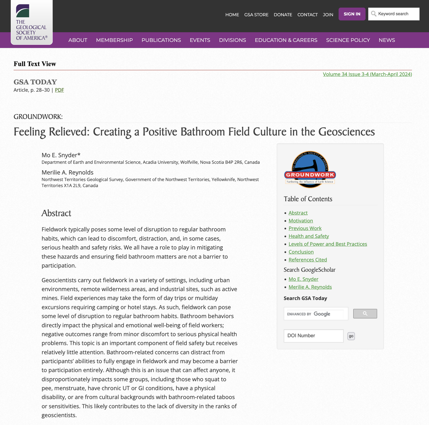 Screenshot of an article from the Geological Society of America. 