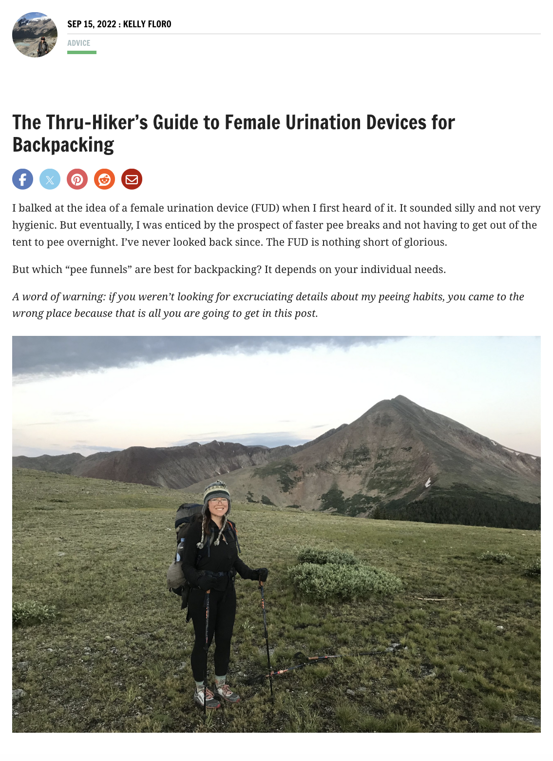 Screenshot of an article about stand-to-pee devices on thetrek.co